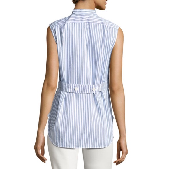 Helmut Lang Blue Striped Sleeveless Tie-Front Cotton Poplin Shirt Size Medium - Picture 2 of 13